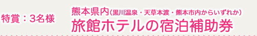特賞：３名様　熊本県内（黒川温泉・天草本渡・熊本市内からいずれか）旅館ホテル宿泊補助券